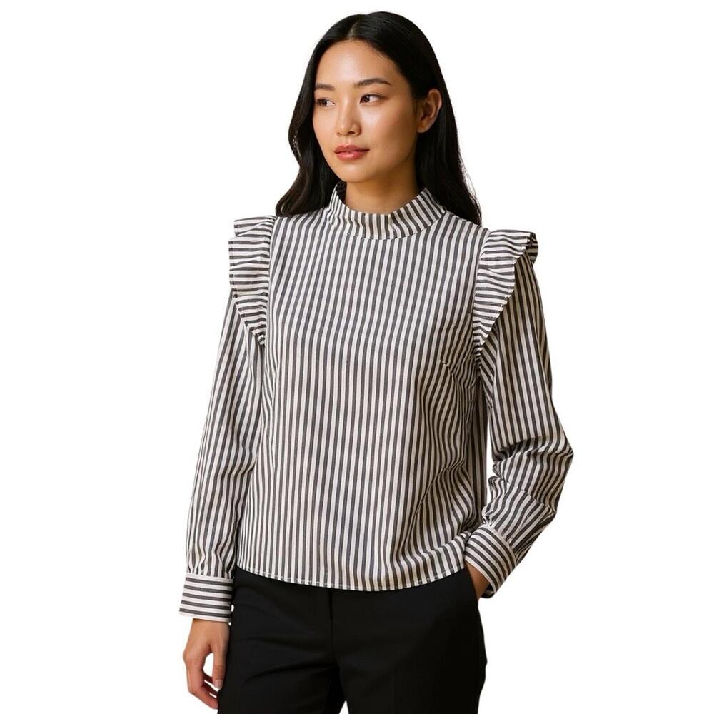 NEW Everlane The Wing-Shoulder Mockneck Top Blouse Pecan White Stripes Size 12